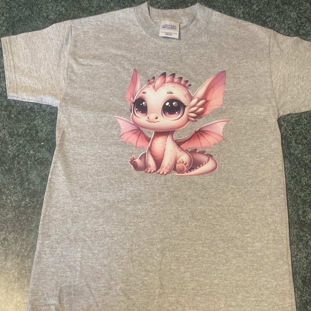 NWOT-Port and Company -Grey -M (10-12) -Childs T-Shirt -Cute Pink Baby Dinosaur